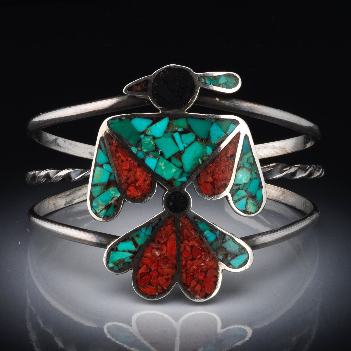 Vintage Navajo Thunderbird Cuff Bracelet, Inlay Mosaic Turquoise, Coral and Jet
