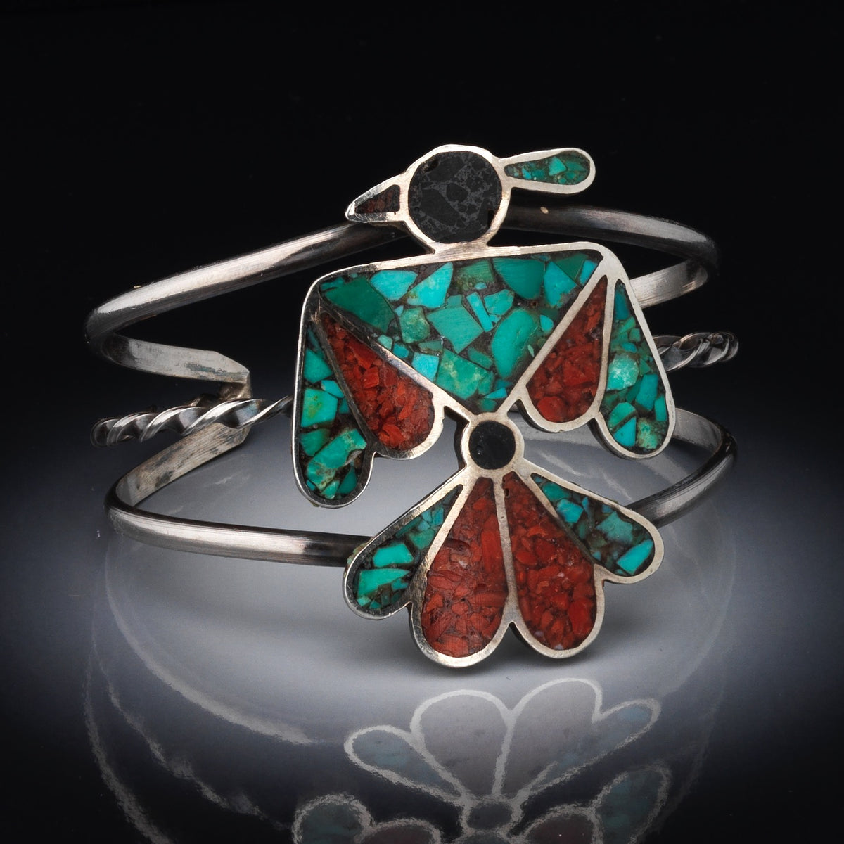Vintage Navajo Thunderbird Cuff Bracelet, Inlay Mosaic Turquoise, Coral and Jet