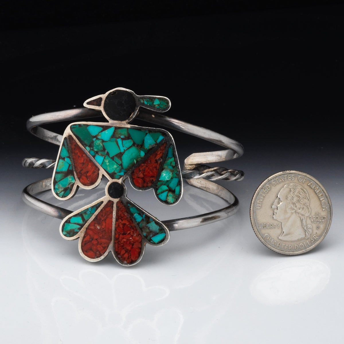 Vintage Navajo Thunderbird Cuff Bracelet, Inlay Mosaic Turquoise, Coral and Jet