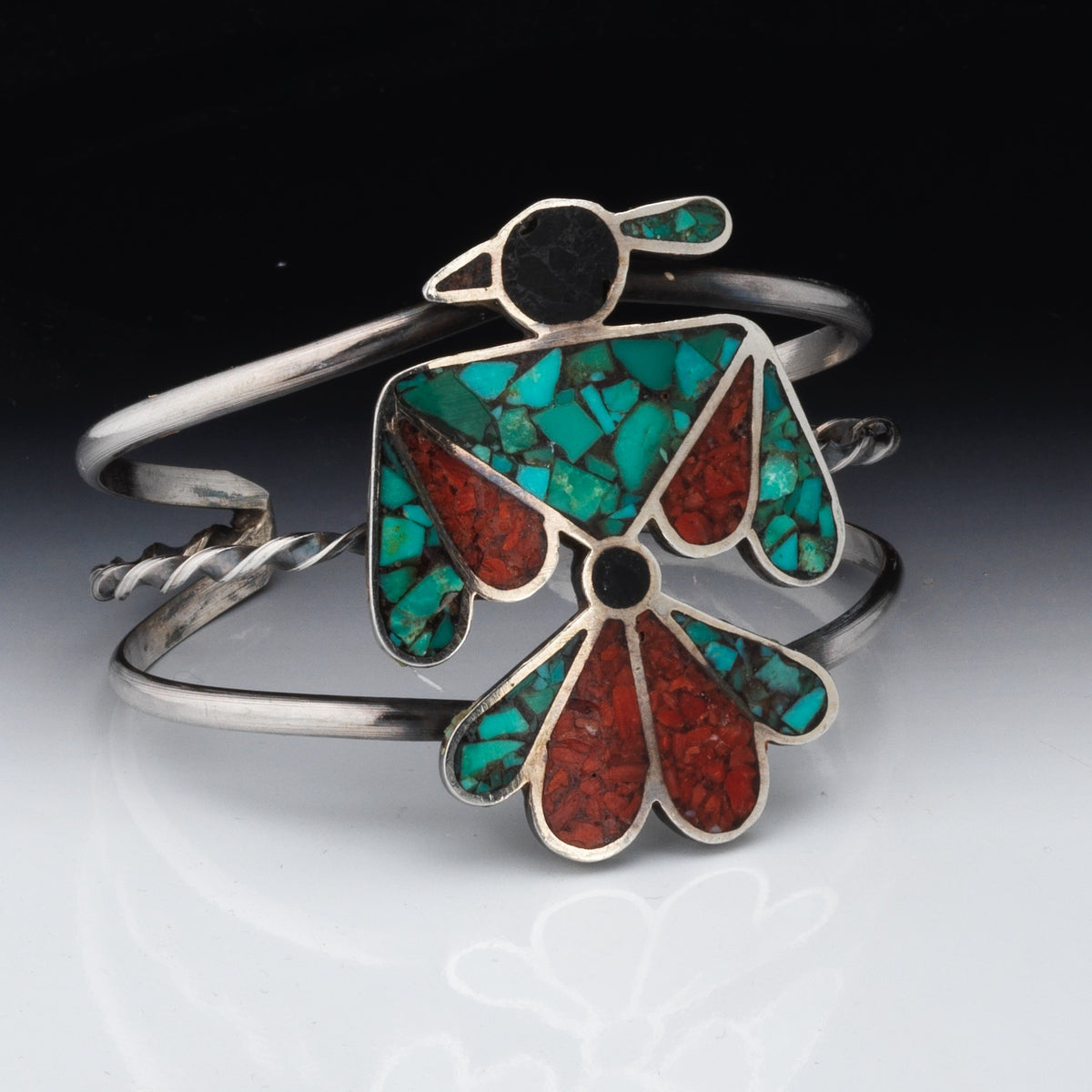 Vintage Navajo Thunderbird Cuff Bracelet, Inlay Mosaic Turquoise, Coral and Jet
