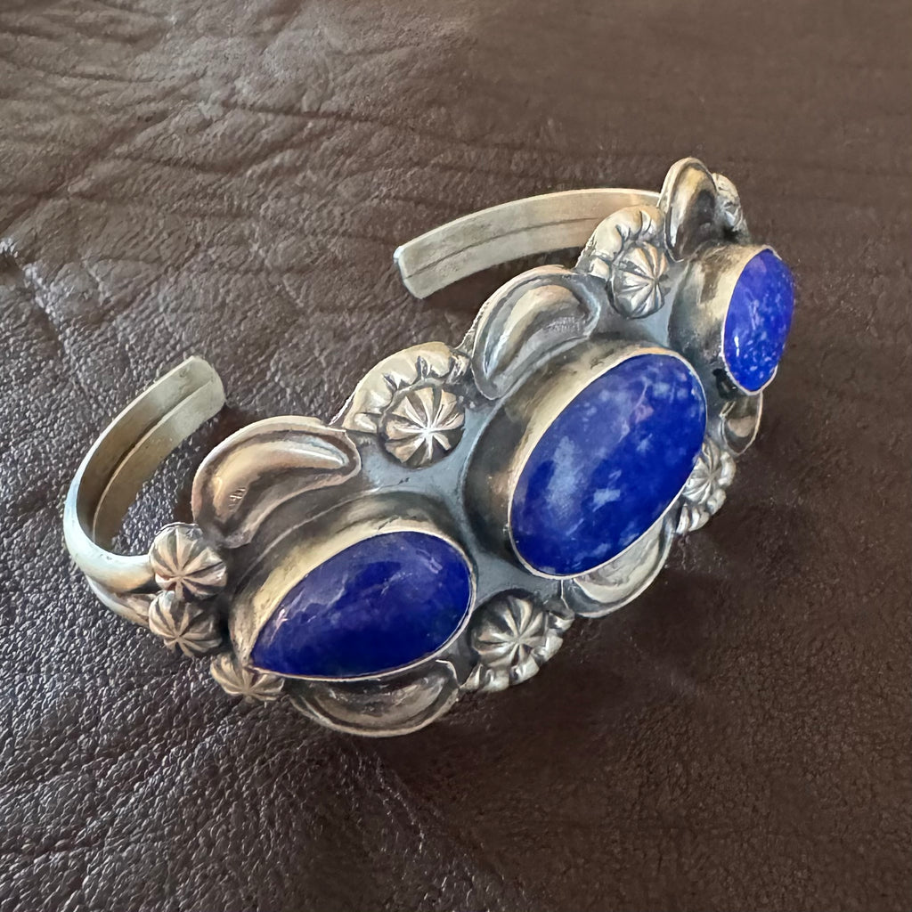 Lapis Repousse Cuff Bracelet Signed
