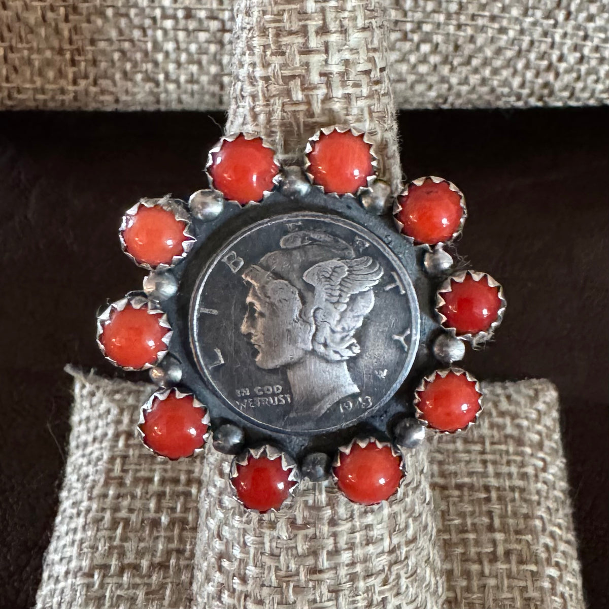 1943 Mercury Dime and Coral Ring