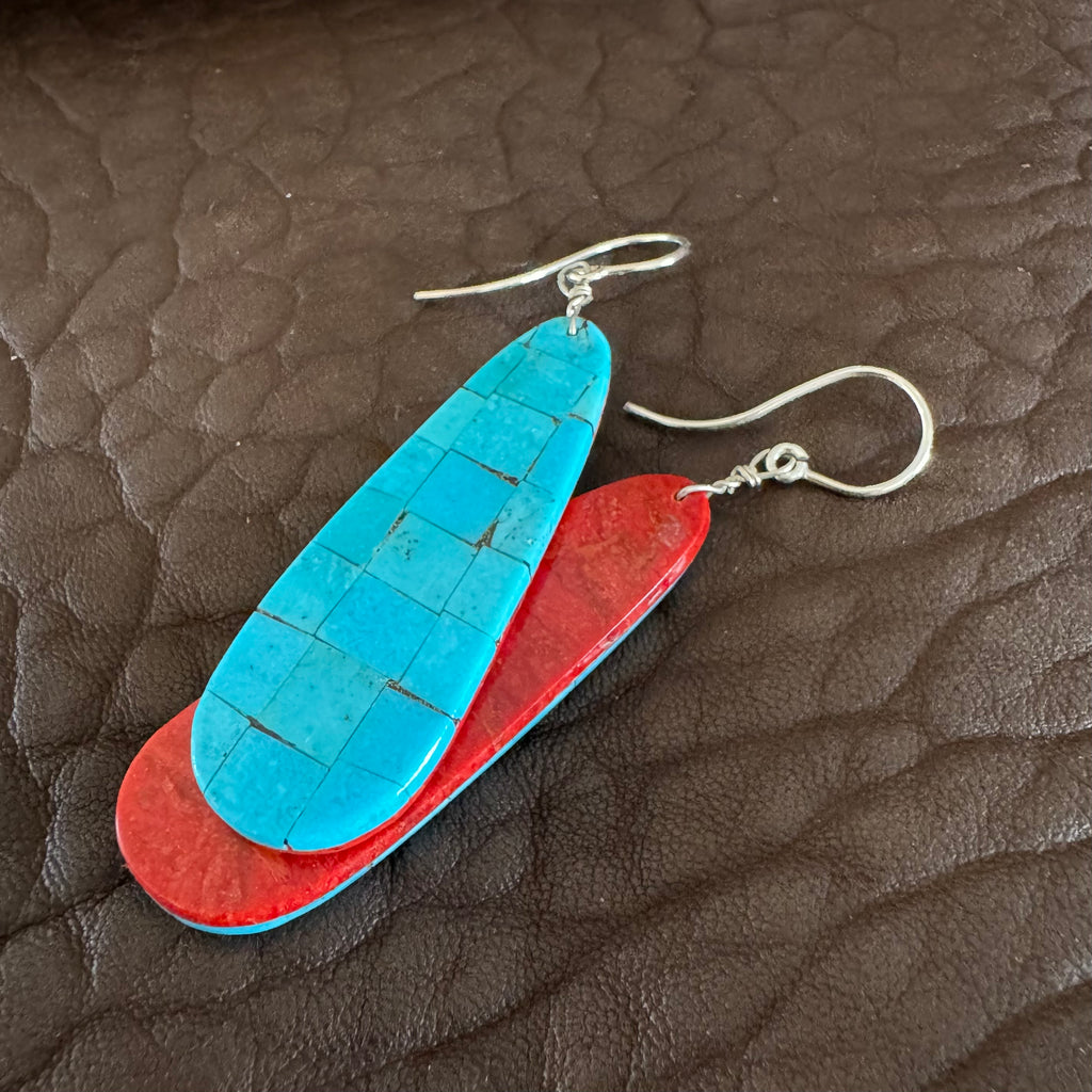 Santo Domingo Turquoise Mosaic & Apple Coral Double Sided Earrings