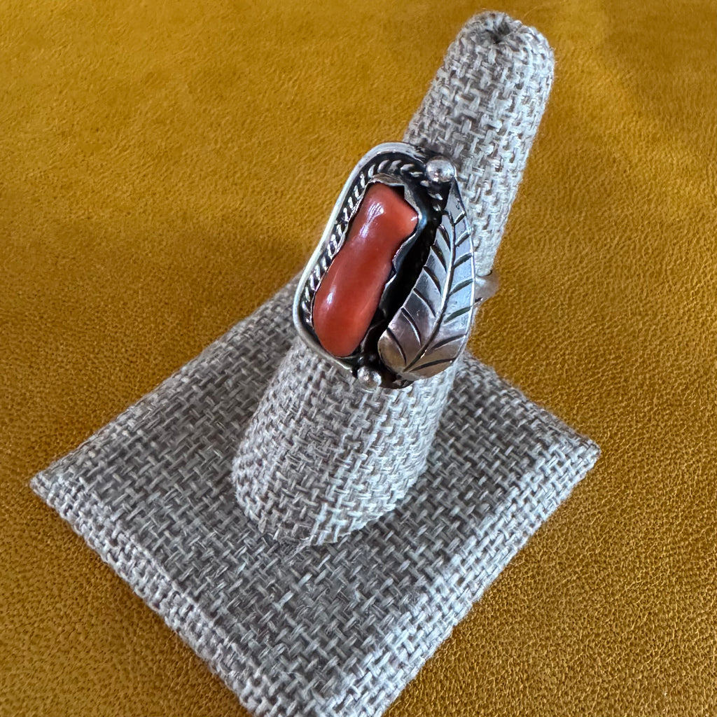 Native American Navajo Made Ring with Coral, 1970s