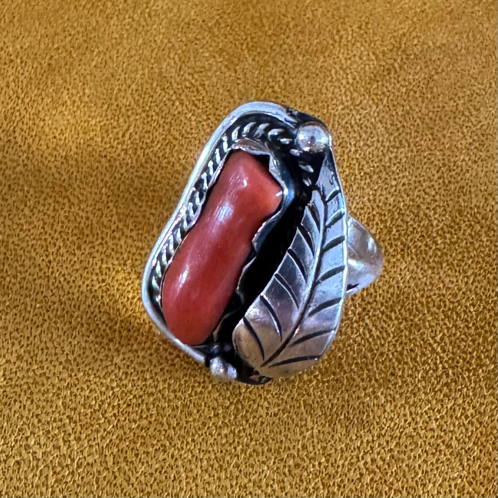 Native American Navajo Made Ring with Coral, 1970s