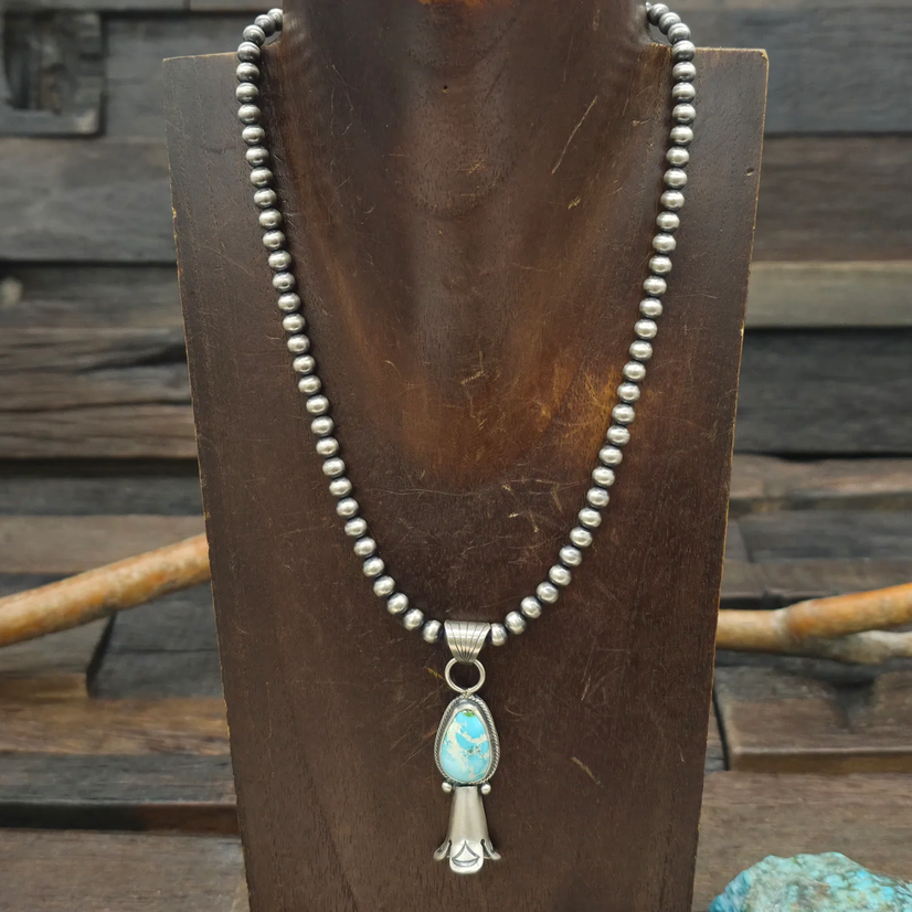 Turquoise Squash Blossom Pendant on Navajo Pearls