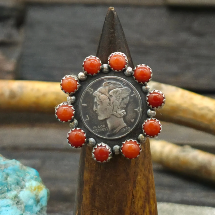 1943 Mercury Dime and Coral Ring