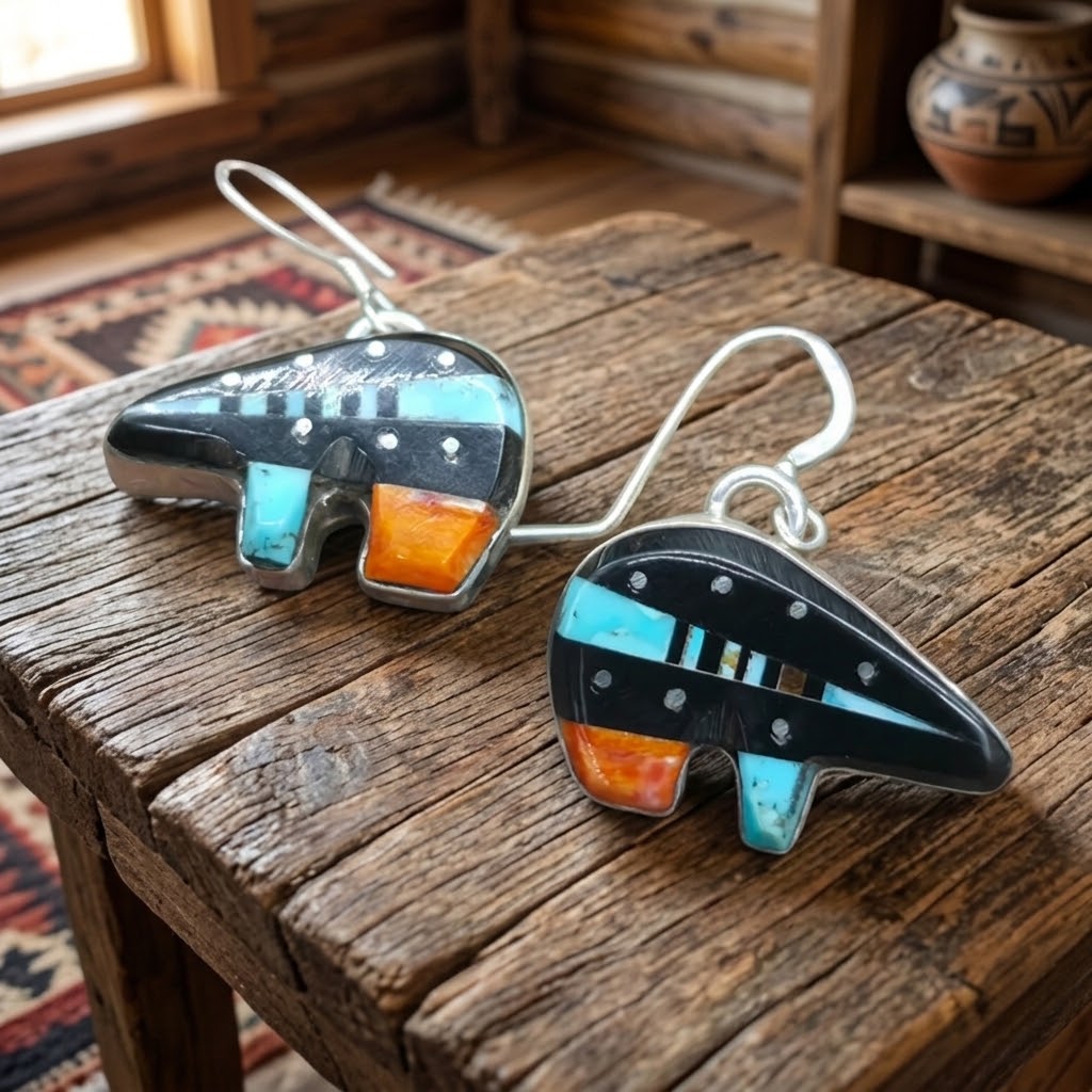 Bear Earrings Multi-Stone Inlay